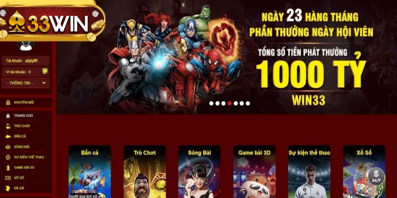 Sảnh game phong phú của sân chơi 33WIN